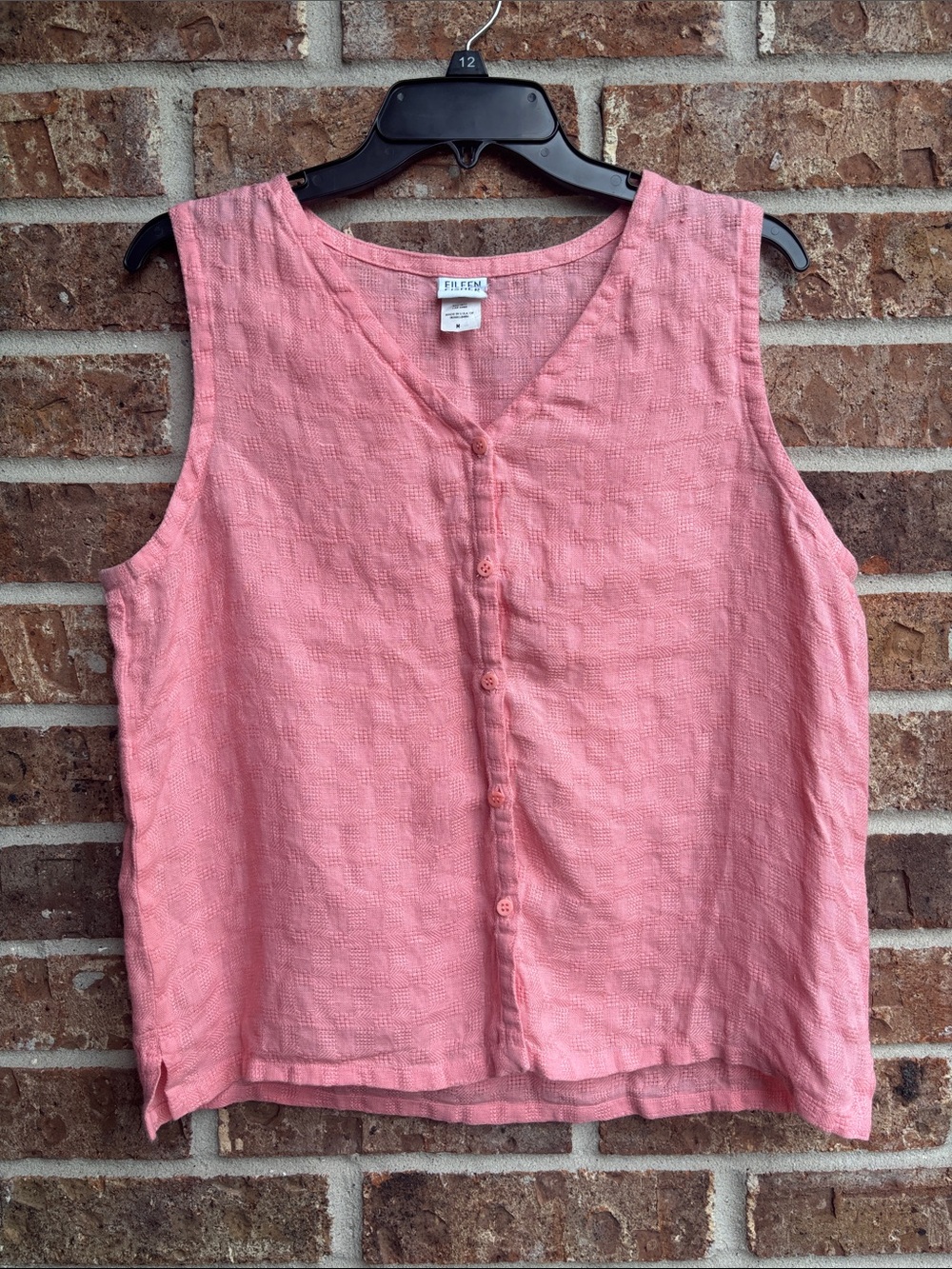 Eileen Fisher Coral Pink Sleeveless Button-Front Linen Top